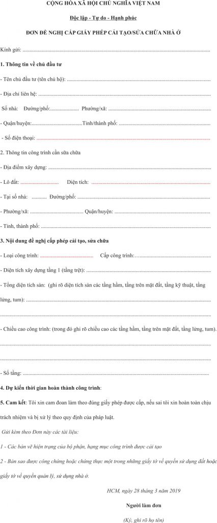 Mẫu đơn xin phép sửa chữa, cải tạo nhà ở